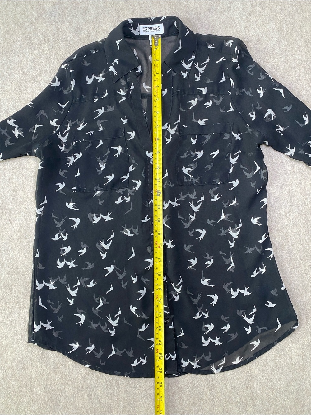Express Portofino Shirt Small Black White Swallow Bird Print Sheer Blouse - Picture 6 of 11